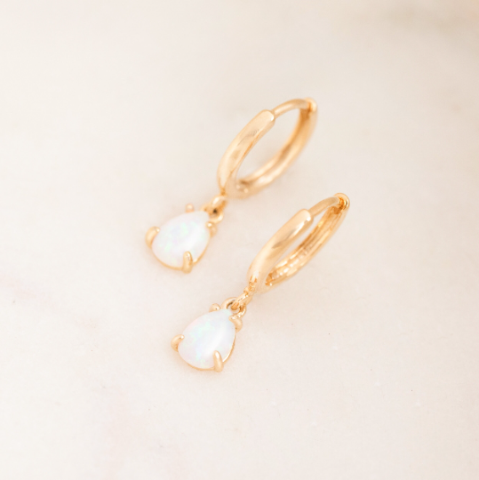 LAUREN // Tiny gold opal huggie earrings