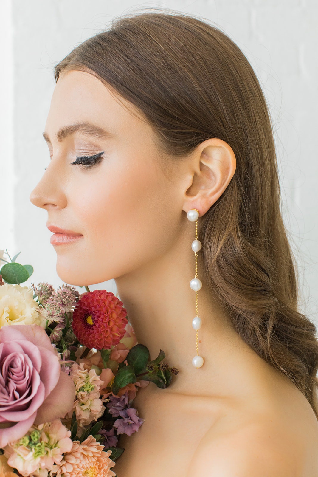 FERN // Gold pearl long drop earrings