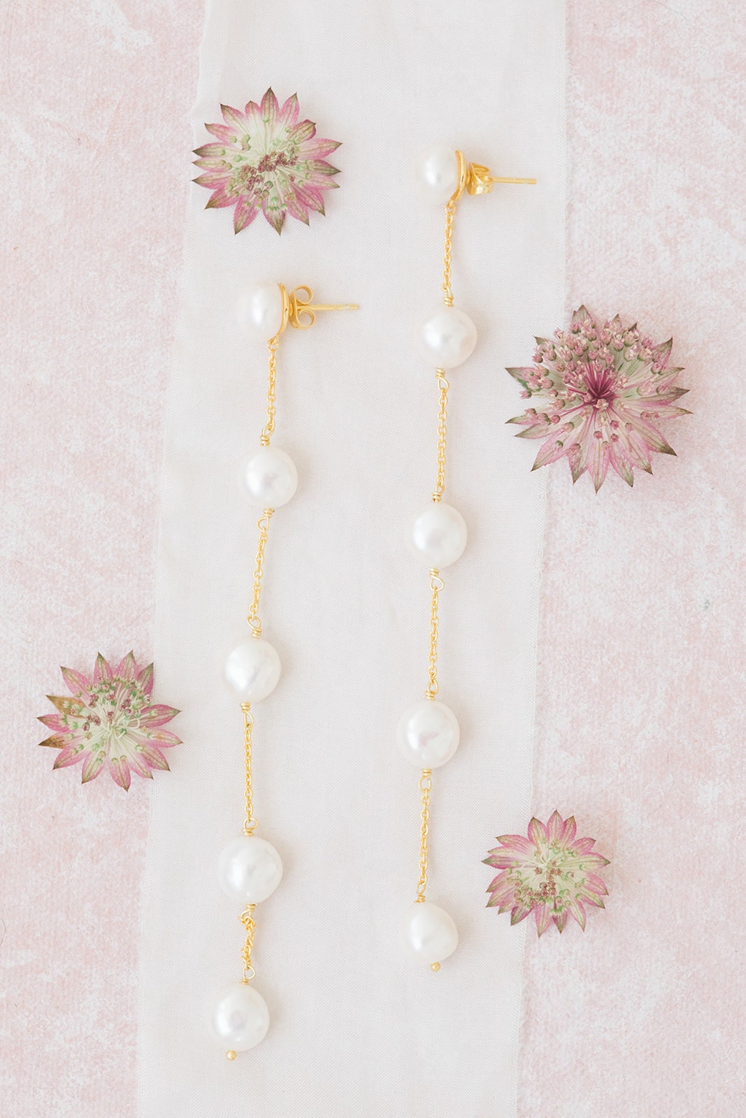 FERN // Gold pearl long drop earrings