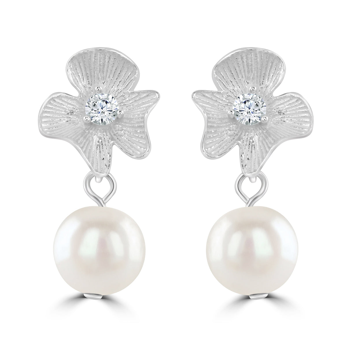 HANA // Silver floral and pearl wedding earrings for bride