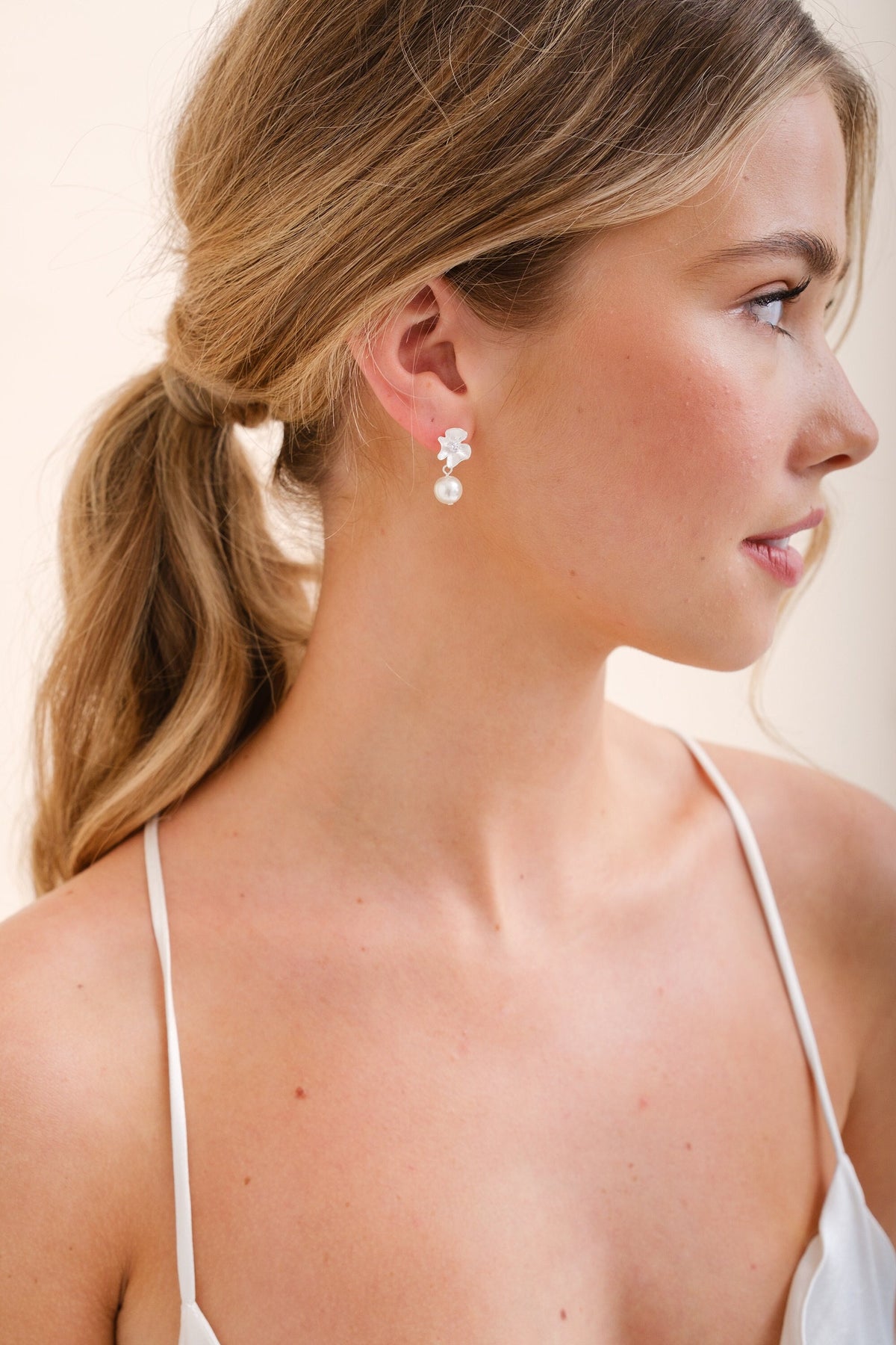 HANA // Silver floral and pearl wedding earrings for bride