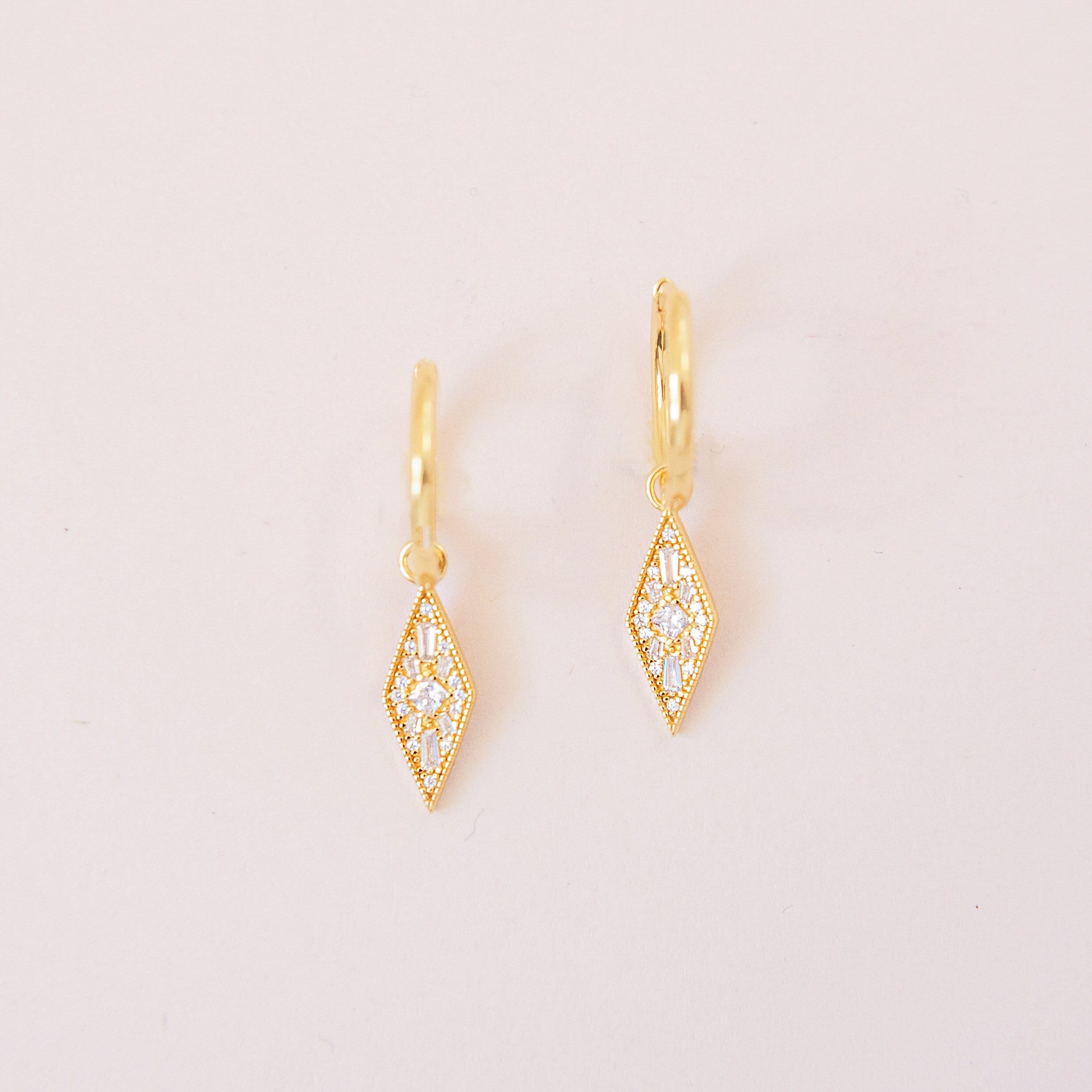 KITE EARRINGS // Dainty 14k gold plated cubic zirconia charm huggie hoop earrings